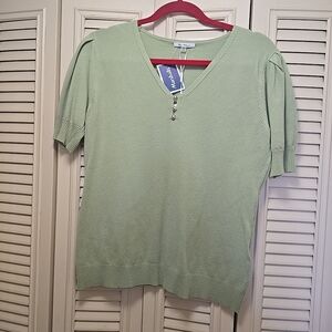 Elegant Light Green V-Neck Short Sleeve Sweater